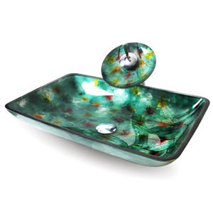 Dark Green Rectangle Glass Sinks Single Handle With Faucet