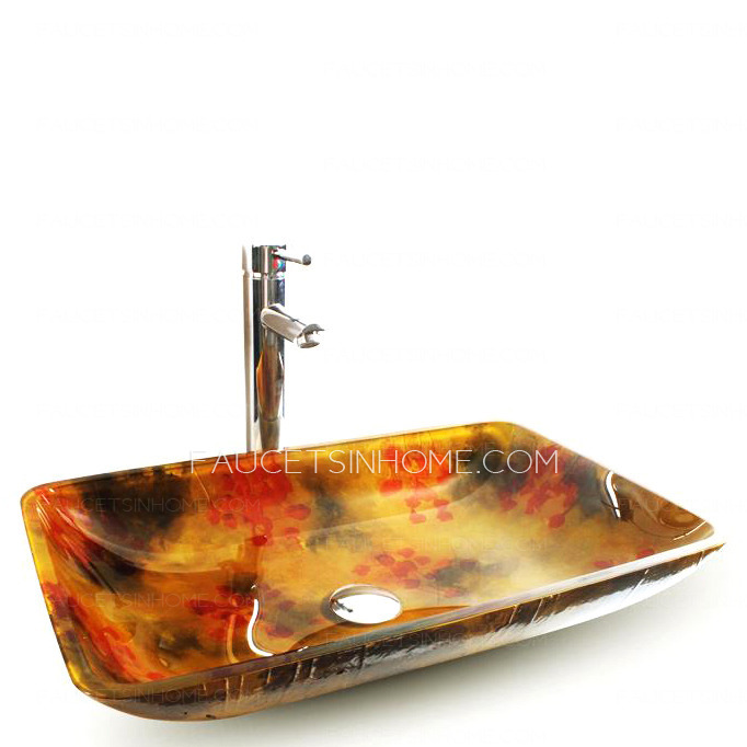 Gold Rectangle Glass Bathroom Sinks Floral Single Bowl