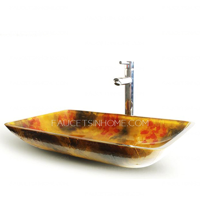 Gold Rectangle Glass Bathroom Sinks Floral Single Bowl