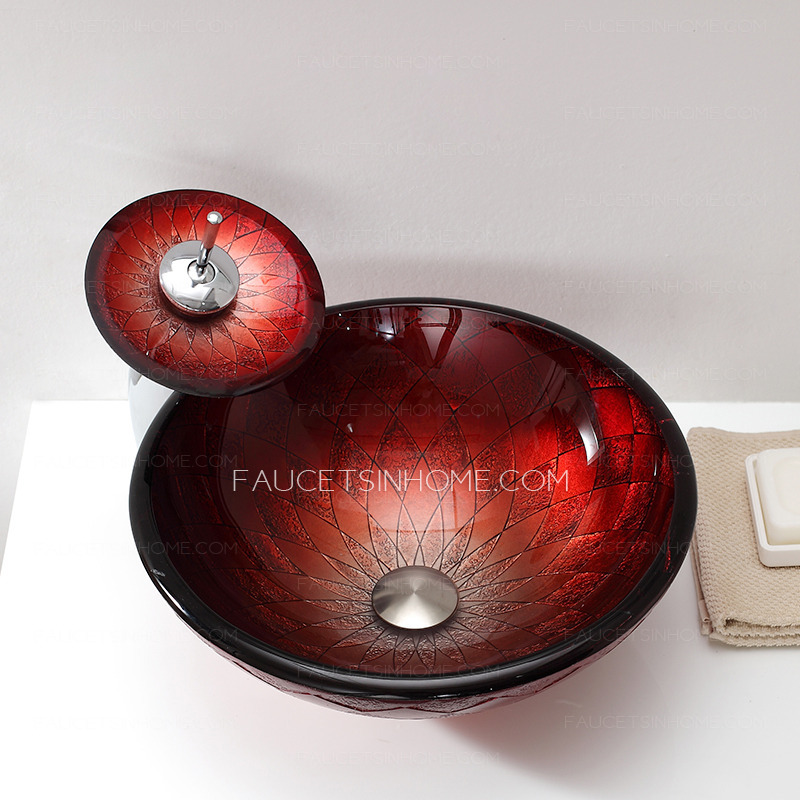 Red Pattern Round Basin Sinks Designed Single Bowl With Faucet