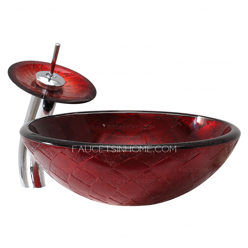 Red Pattern Round Basin Sinks Designed Single Bowl With Faucet
