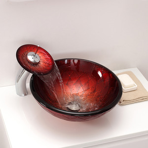 Red Pattern Round Basin Sinks Designed Single Bowl With Faucet
