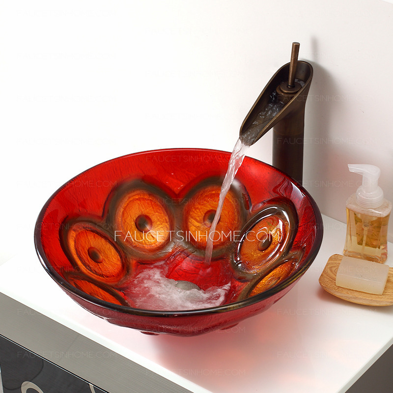 Artistic Red Round Glass Vessel Sinks Single Bowl Circle Pattern