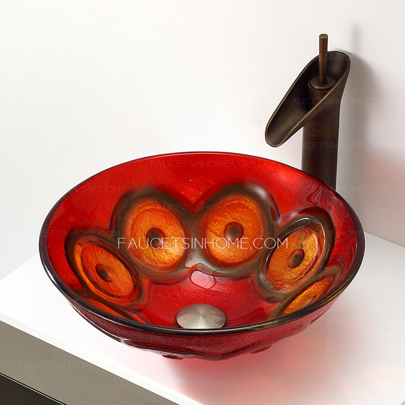 Artistic Red Round Glass Vessel Sinks Single Bowl Circle Pattern