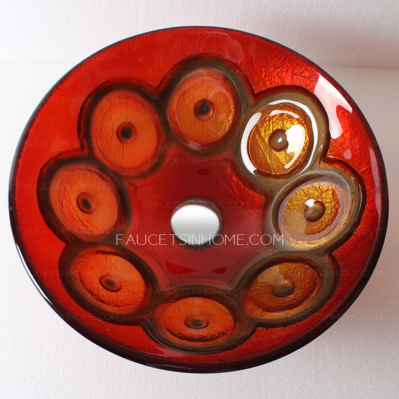 Artistic Red Round Glass Vessel Sinks Single Bowl Circle Pattern