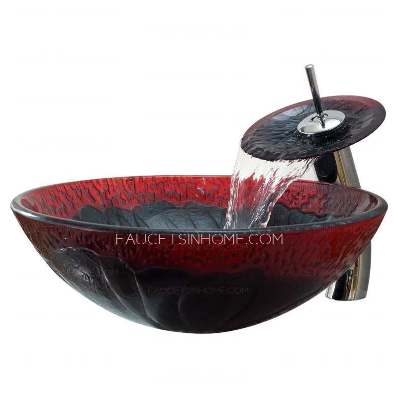 Gray And Red Round Glass Basin Sinks Single Bowl With Faucet