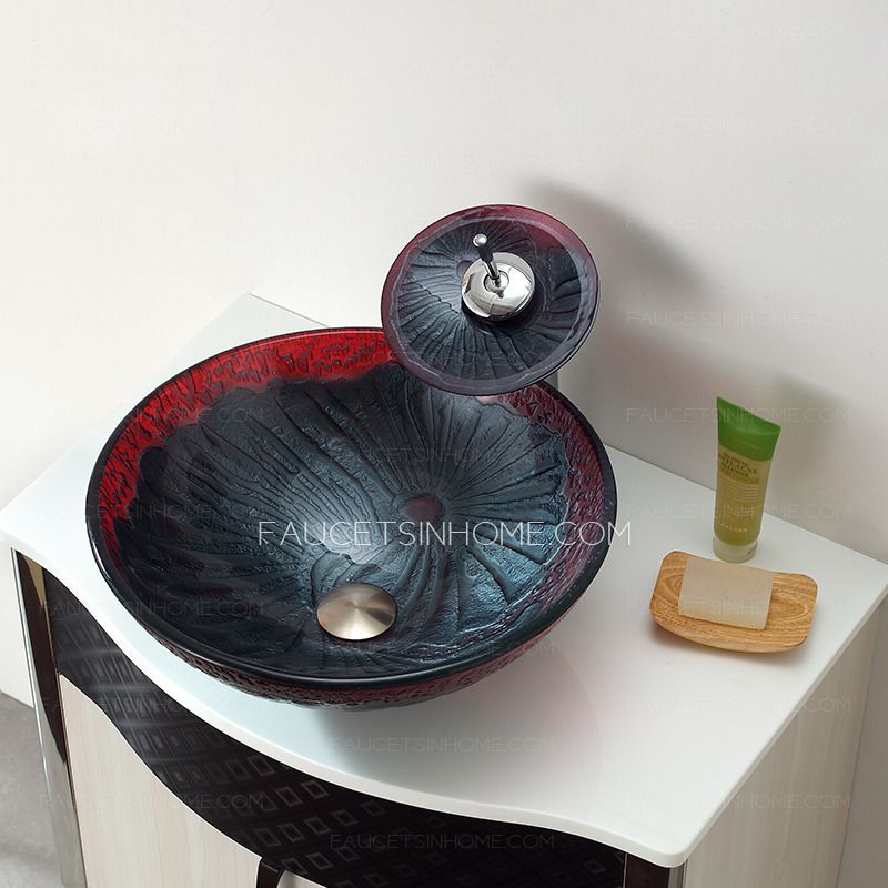 Gray And Red Round Glass Basin Sinks Single Bowl With Faucet