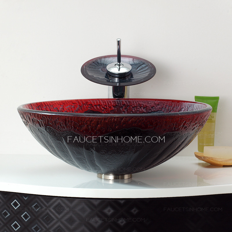 Gray And Red Round Glass Basin Sinks Single Bowl With Faucet