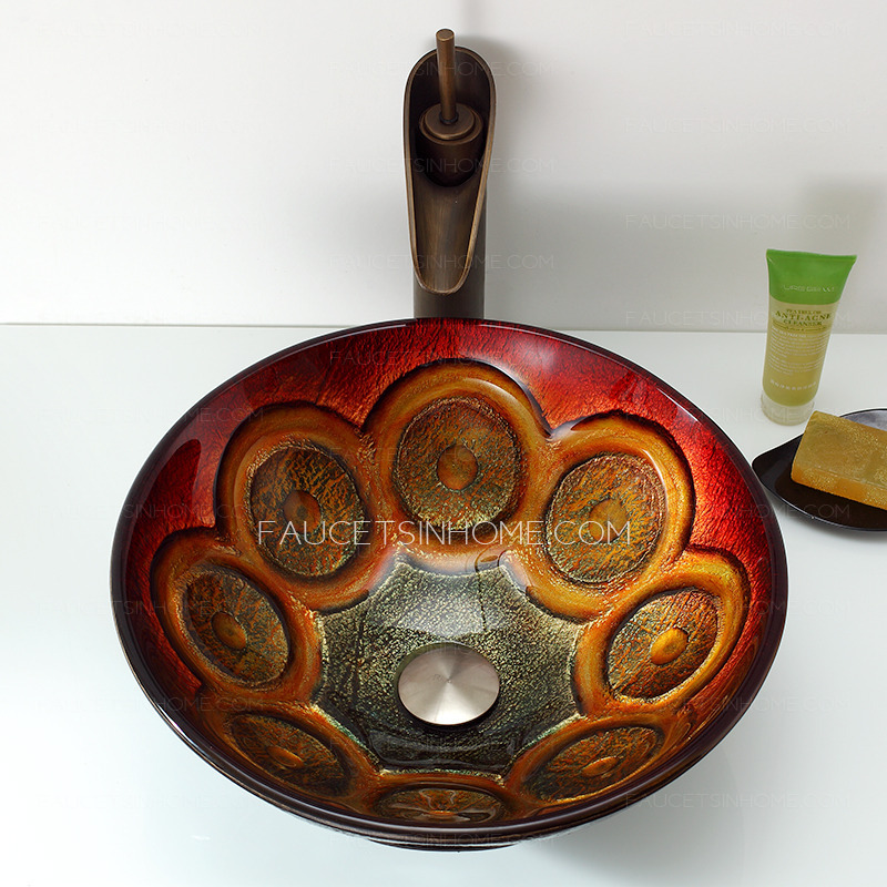 Antique Red Round Glass Vessel Sinks Single Bowl Circle Pattern