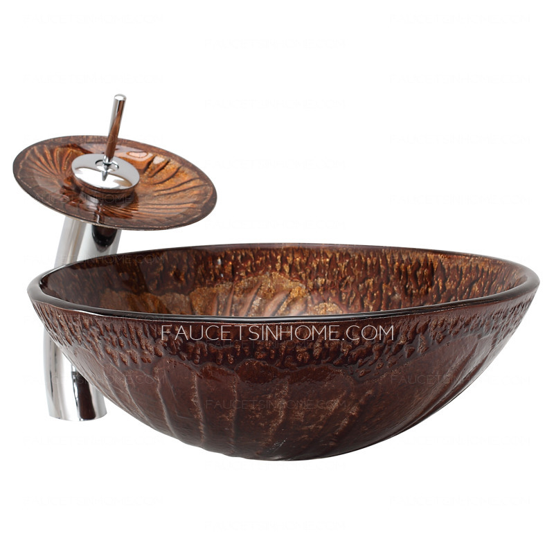 Brown Pattern Round Glass Bathroom Sinks Single Bowl With Faucet