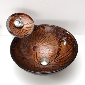 Brown Pattern Round Glass Bathroom Sinks Single Bowl With Faucet