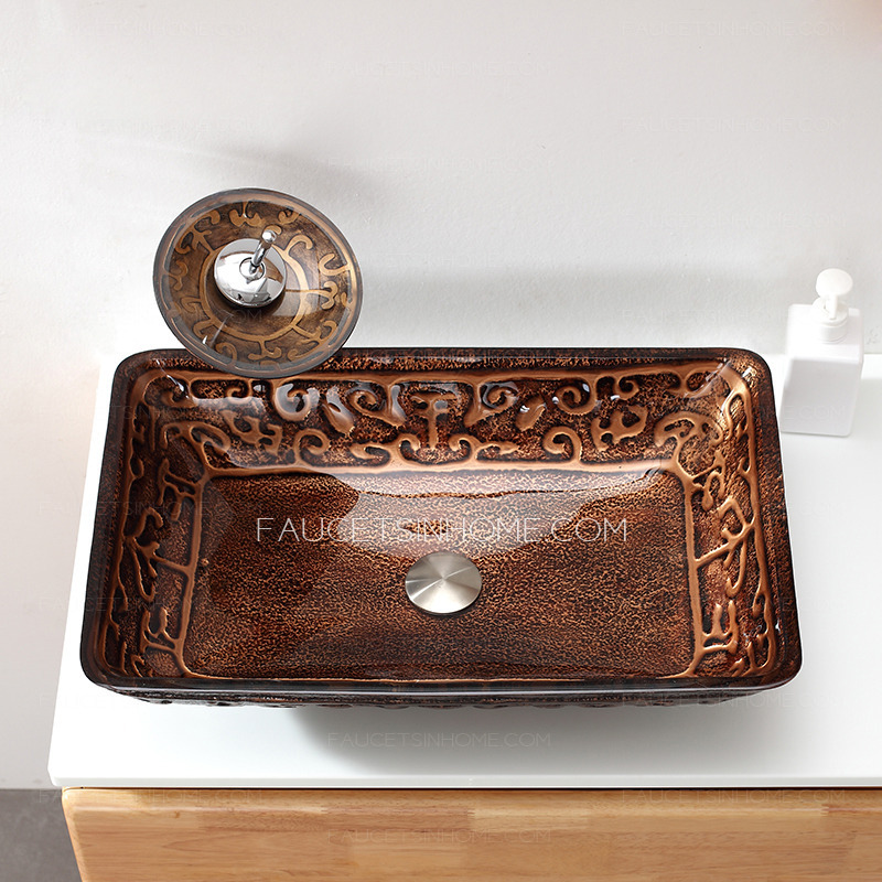 Brown Rectangle Glass Bathroom Vessel Sinks Single Bowl With Faucet