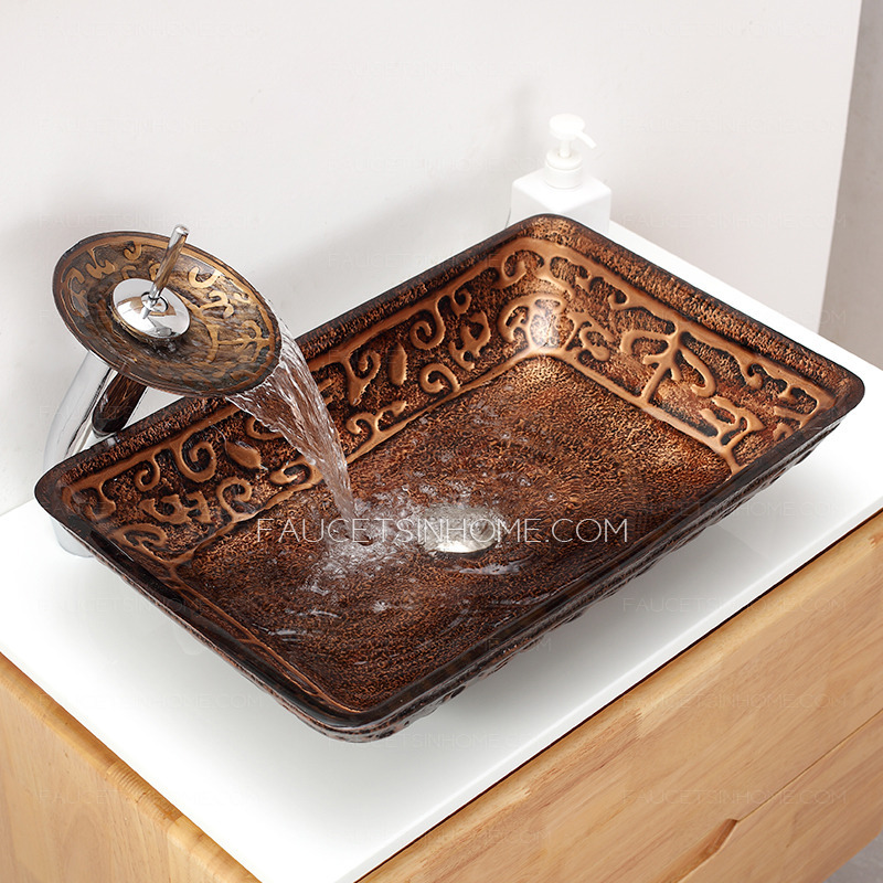 Brown Rectangle Glass Bathroom Vessel Sinks Single Bowl With Faucet