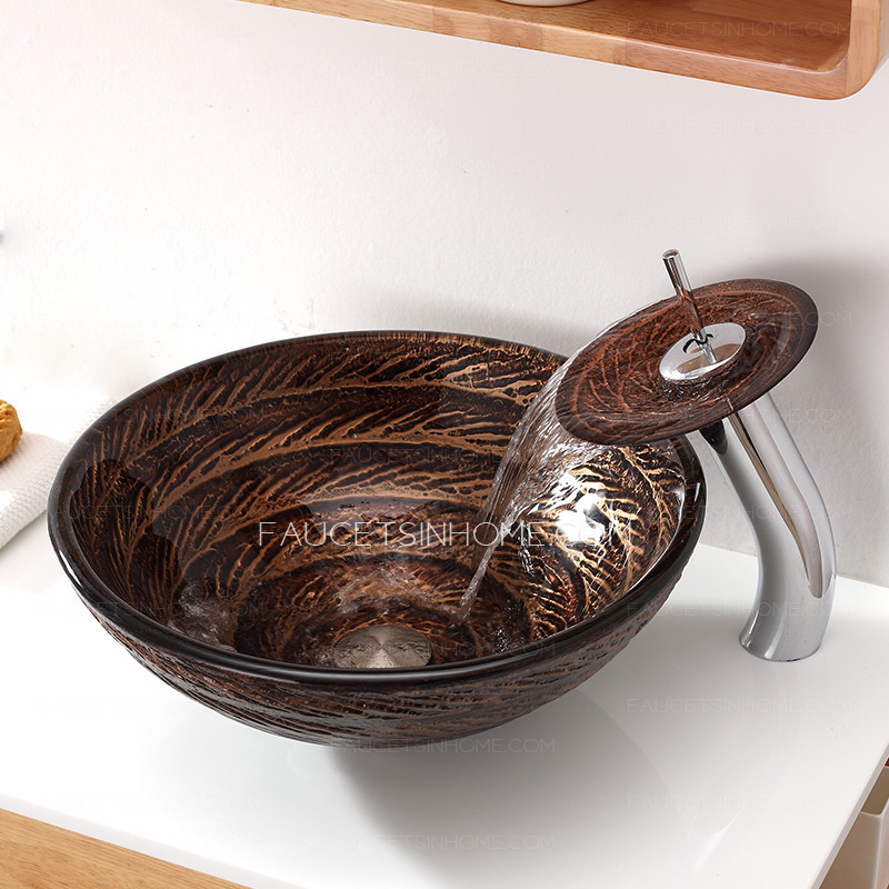 Brown Glass Round Vessel Sinks Swirl Single Bowl With Faucet