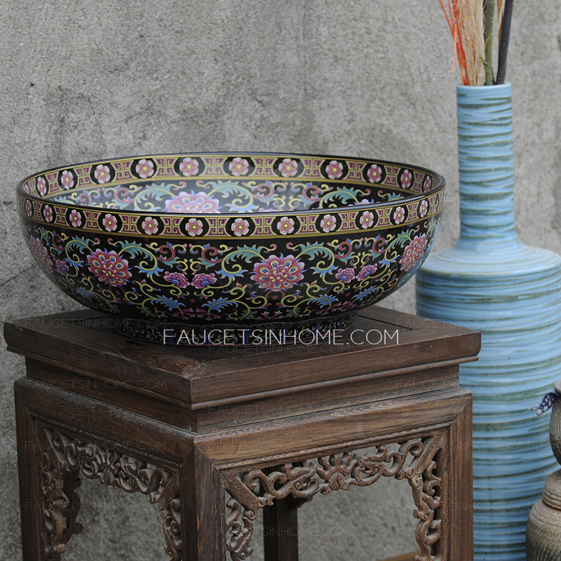 Antique Black Round Ceramic Bath Sinks Floral Pattern Single Bowl