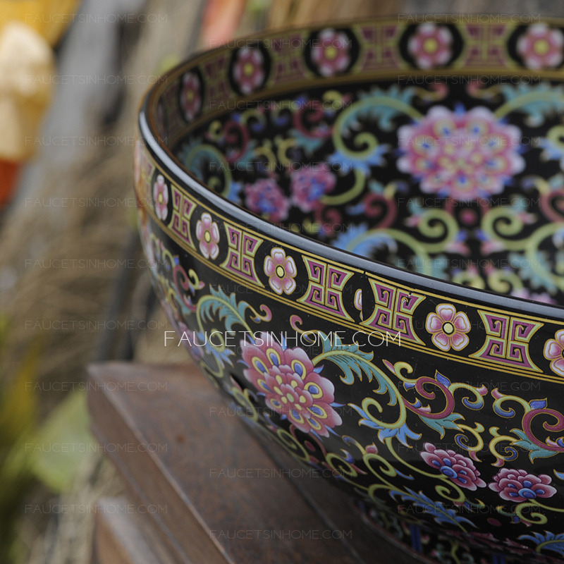 Antique Black Round Ceramic Bath Sinks Floral Pattern Single Bowl