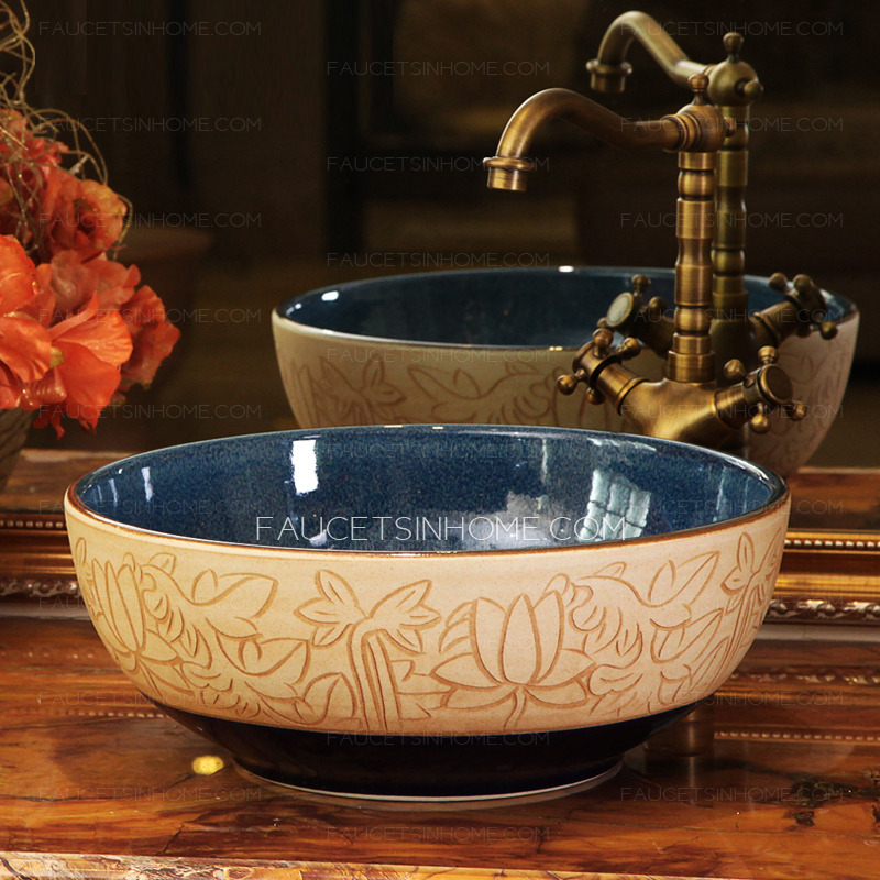 Burlywood Round Ceramic Basin Sinks Single Bowl Lotus Carved