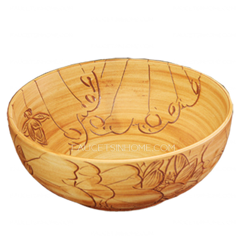 Burlywood Round Porcelain Basins Single Bowl Lotus Carved