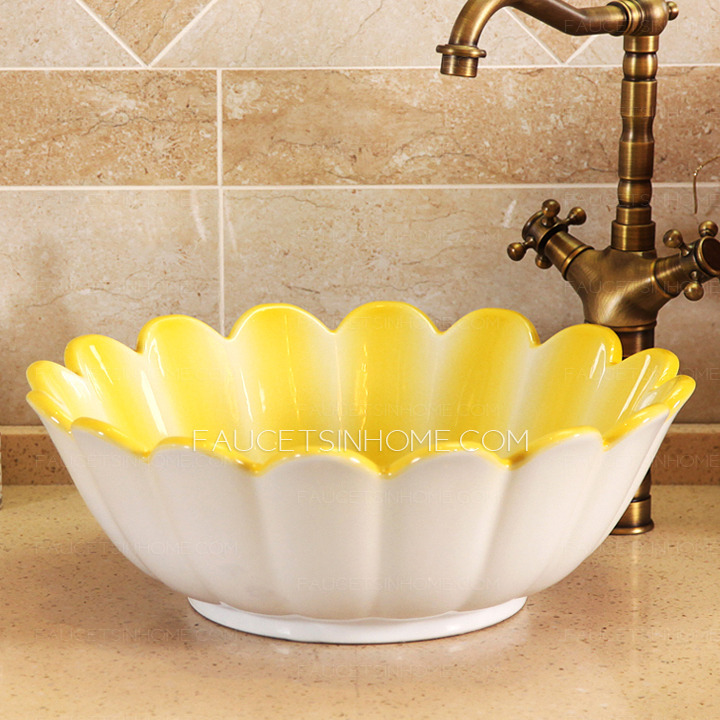 Yellow Ceramic Flower Shape Bathroom Sinks Single Bowl
