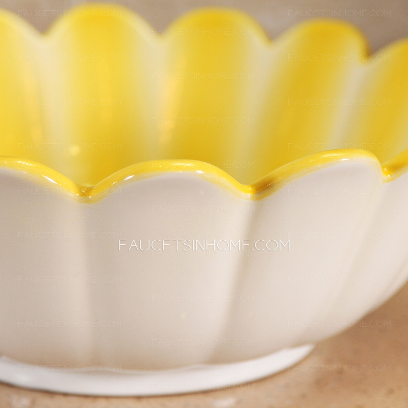 Yellow Ceramic Flower Shape Bathroom Sinks Single Bowl