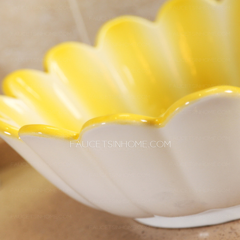 Yellow Ceramic Flower Shape Bathroom Sinks Single Bowl