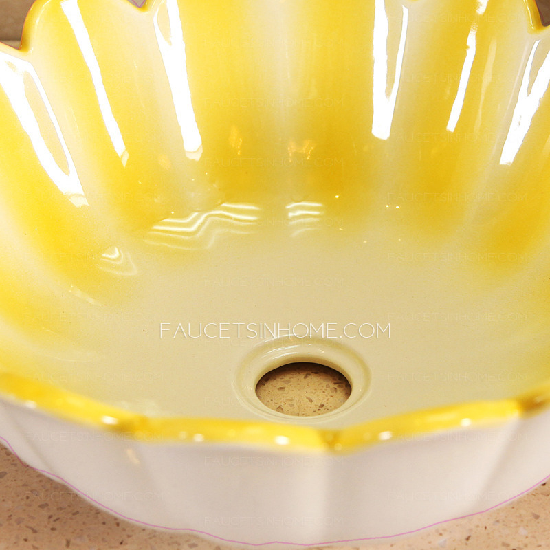 Yellow Ceramic Flower Shape Bathroom Sinks Single Bowl