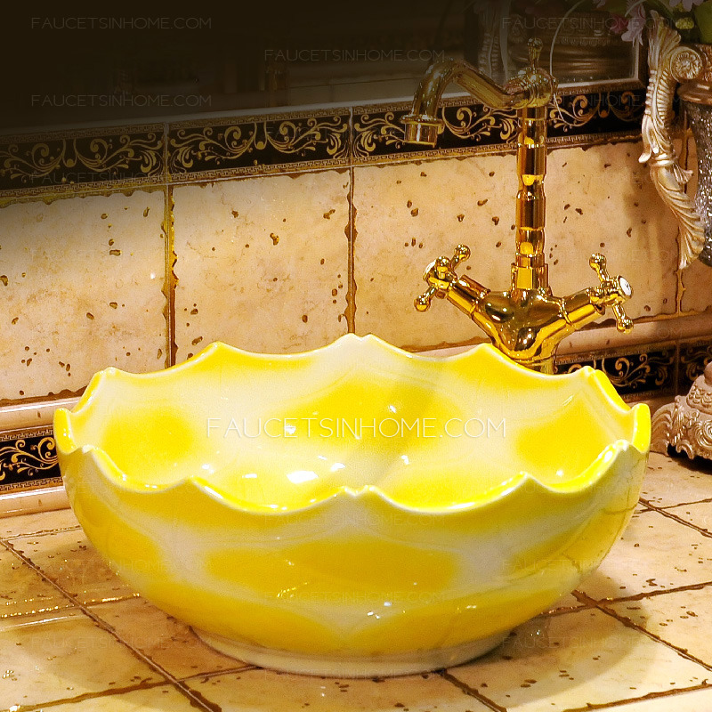 Yellow Round Porcelain Bath Basins Wave Shape Single Bowl