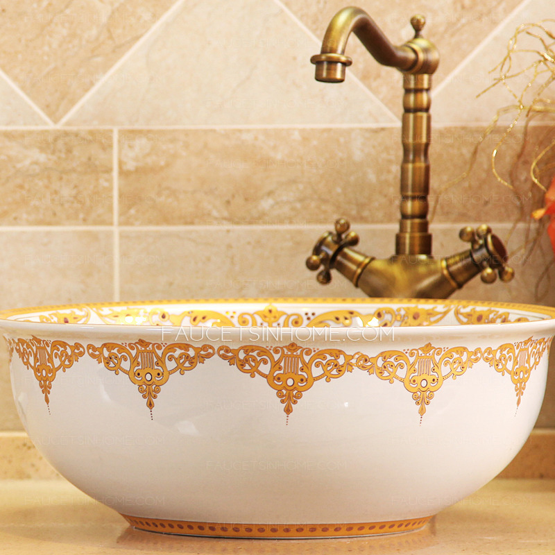 Golden And White Ceramic Round Bath Sinks Single Bowl Antique
