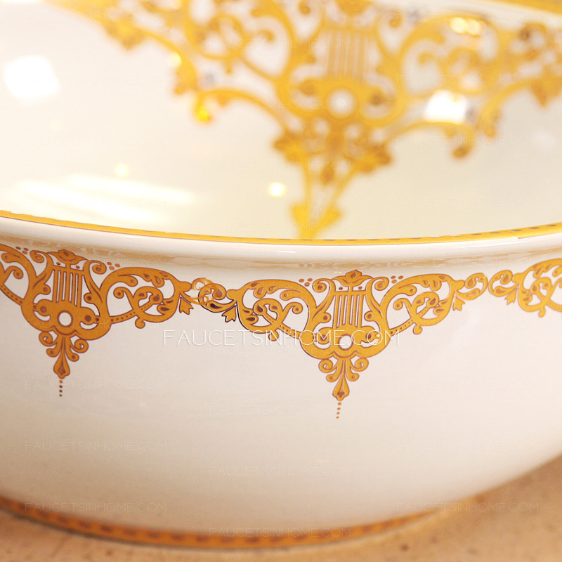 Golden And White Ceramic Round Bath Sinks Single Bowl Antique