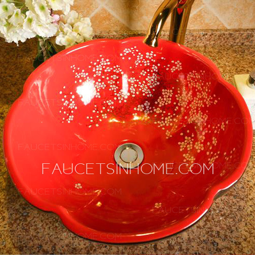 Black And Red Round Ceramic Sinks Flower Shape Single Bowl