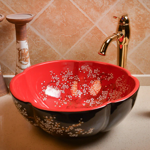Black And Red Round Ceramic Sinks Flower Shape Single Bowl