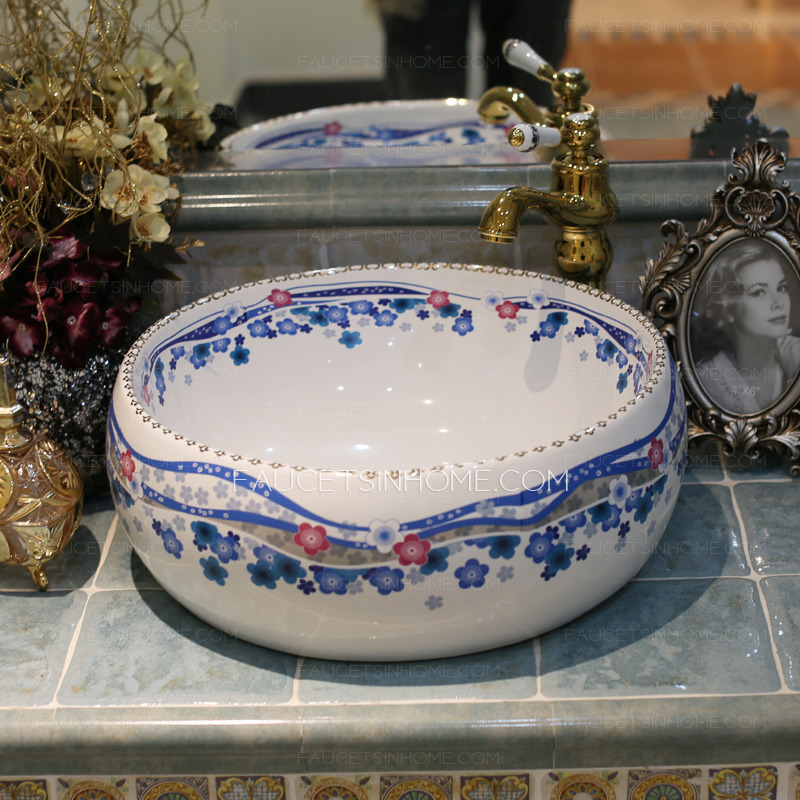 Blue And White Round Ceramic Basins Flower Pattern Single Bowl