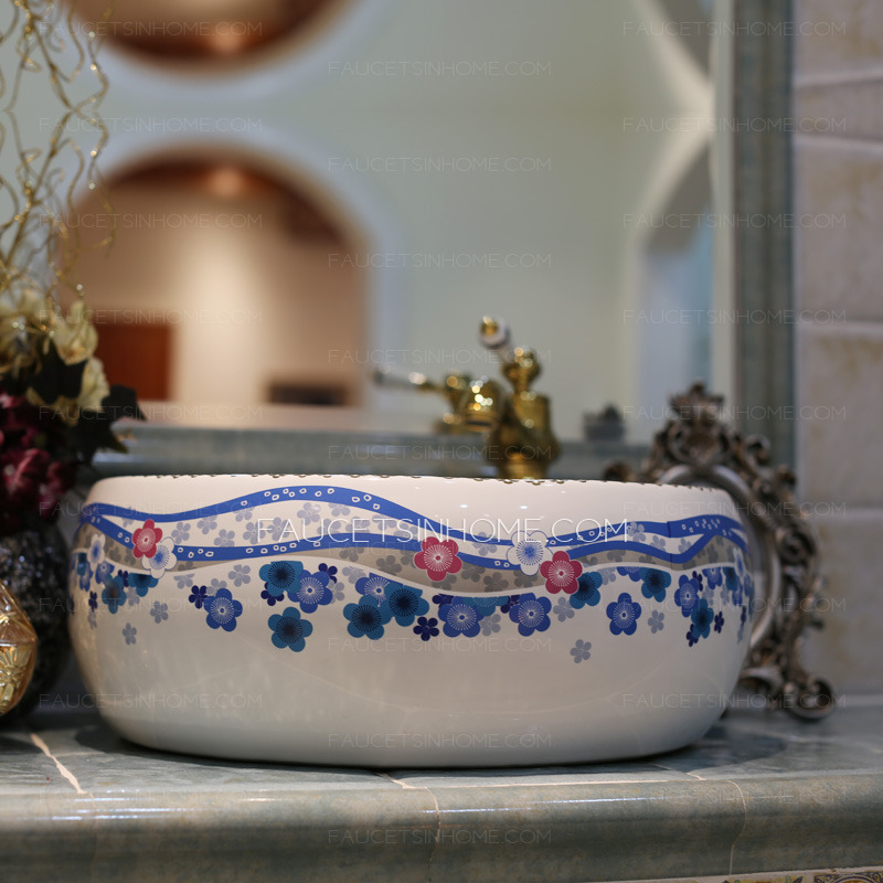 Blue And White Round Ceramic Basins Flower Pattern Single Bowl