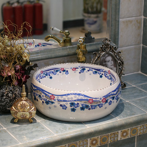 Blue And White Round Ceramic Basins Flower Pattern Single Bowl