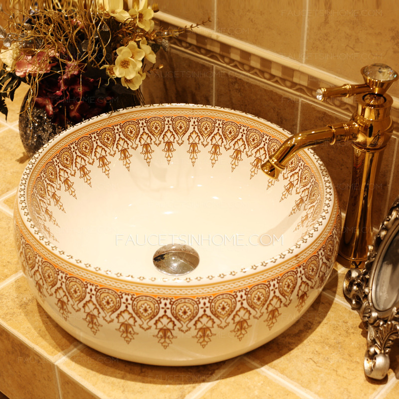 White Porcelain Round Bath Sinks Gold Pattern Painting Single Bowl