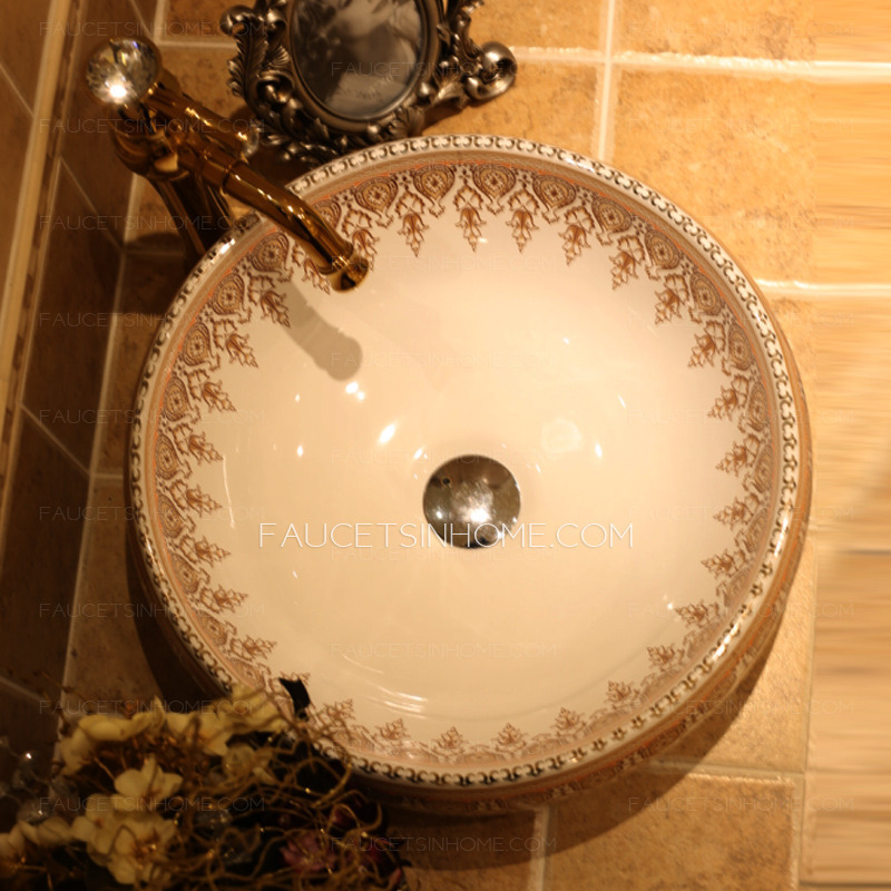 White Porcelain Round Bath Sinks Gold Pattern Painting Single Bowl