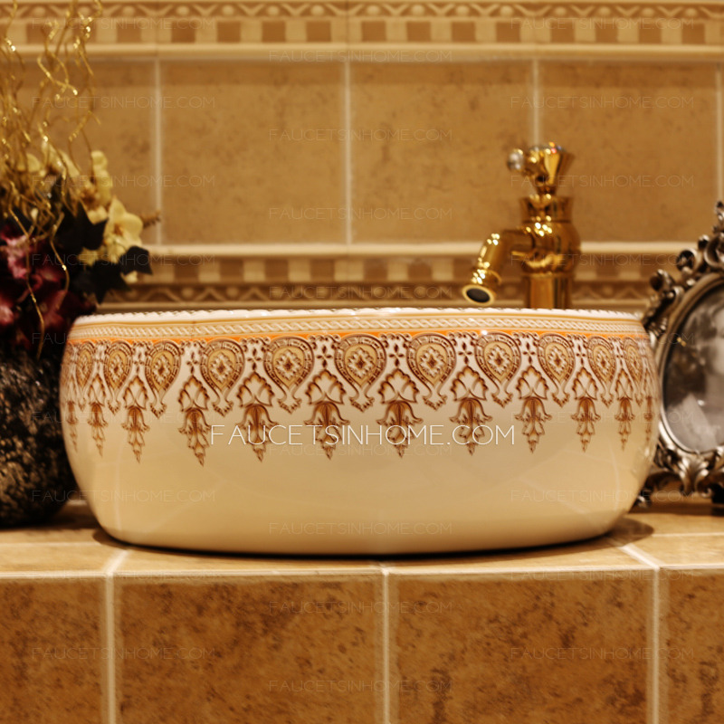 White Porcelain Round Bath Sinks Gold Pattern Painting Single Bowl