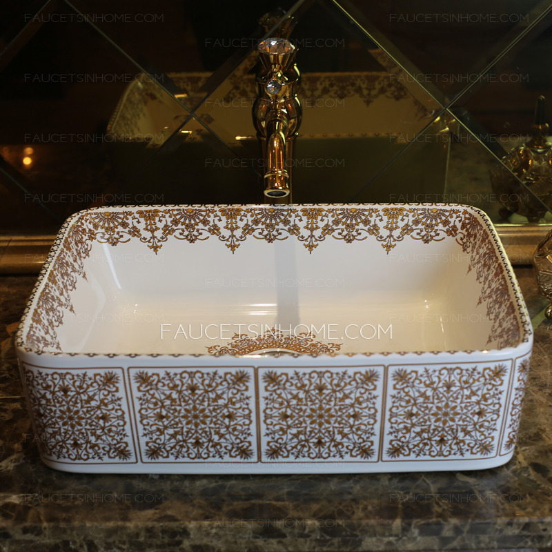 White Rectangle Ceramic Basin Sinks Floral Pattern Single Bowl