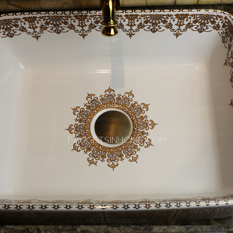 White Rectangle Ceramic Basin Sinks Floral Pattern Single Bowl