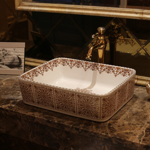 White Rectangle Ceramic Basin Sinks Floral Pattern Single Bowl