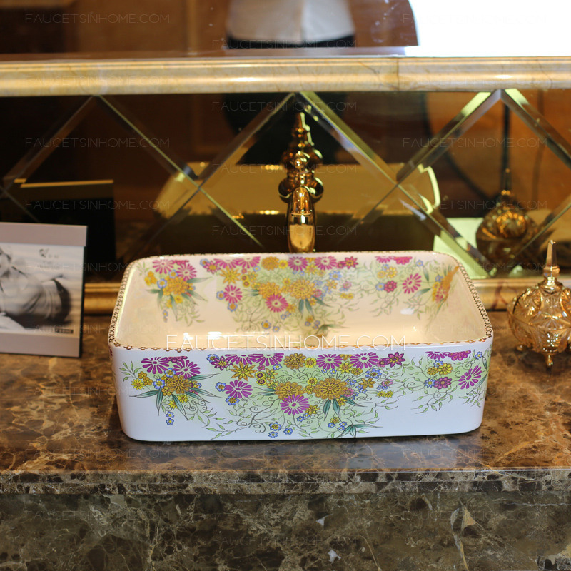 White Rectangle Porcelain Bathroom Sinks Colorful Floral Single Bowl