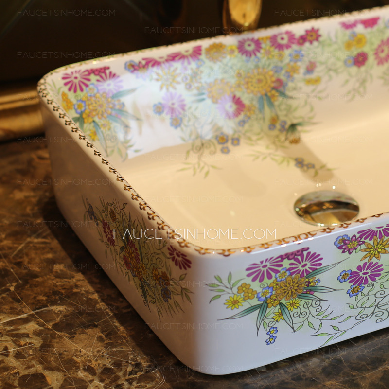 White Rectangle Porcelain Bathroom Sinks Colorful Floral Single Bowl