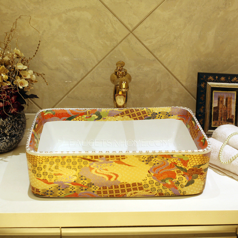 Luxury Gold Rectangle Ceramic Vessel Sinks Pattern Single Bowl