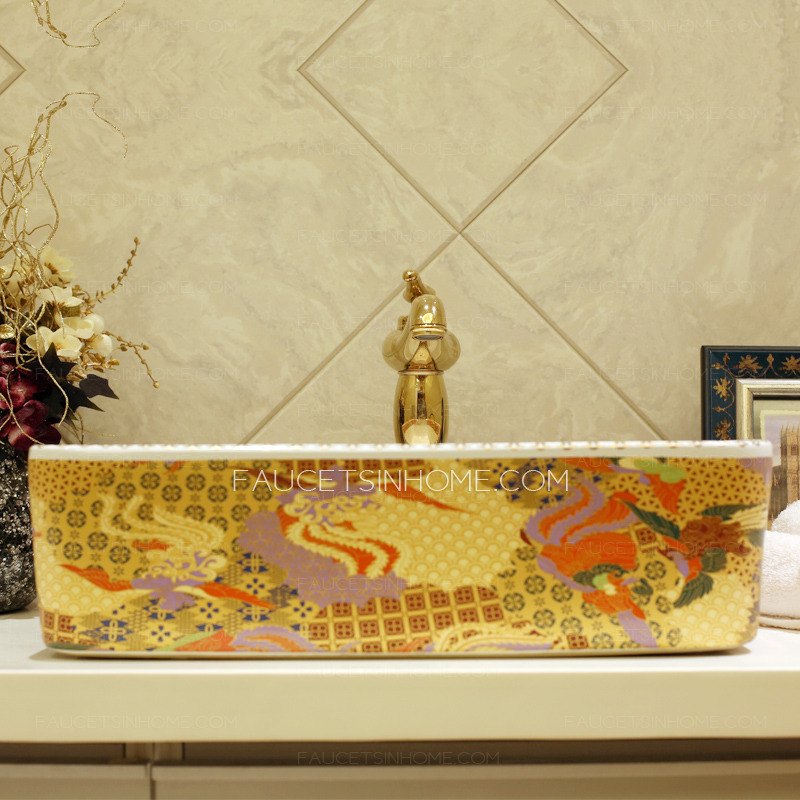 Luxury Gold Rectangle Ceramic Vessel Sinks Pattern Single Bowl
