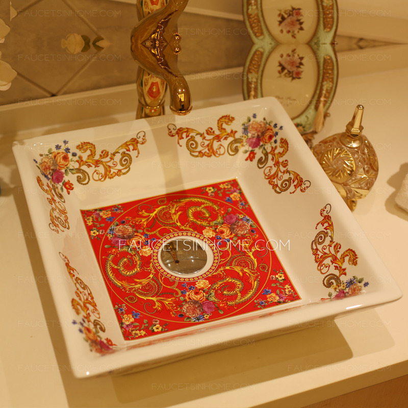 White Square Ceramic Bath Sinks Red Pattern Painting Single Bowl