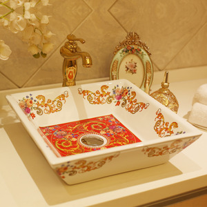 White Square Ceramic Bath Sinks Red Pattern Painting Single Bowl