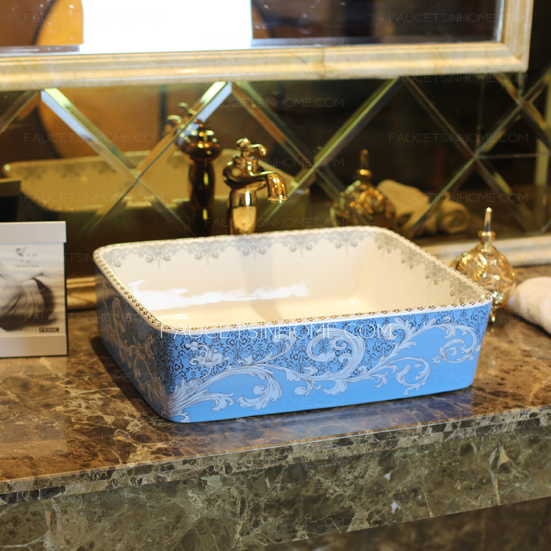 Blue Rectangle Ceramic Bathroom Sinks Pattern Painting Single Bowl