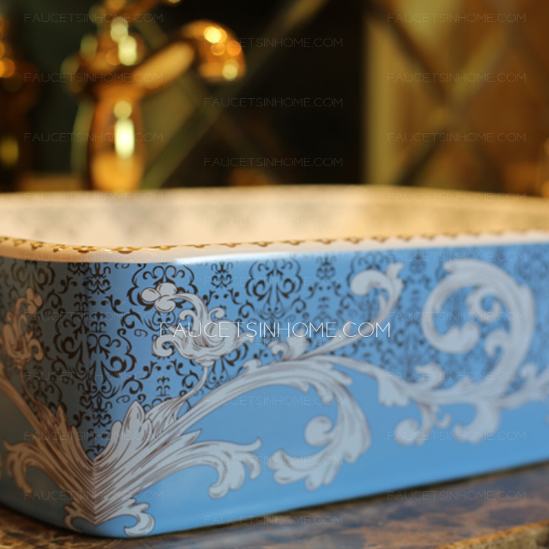 Blue Rectangle Ceramic Bathroom Sinks Pattern Painting Single Bowl