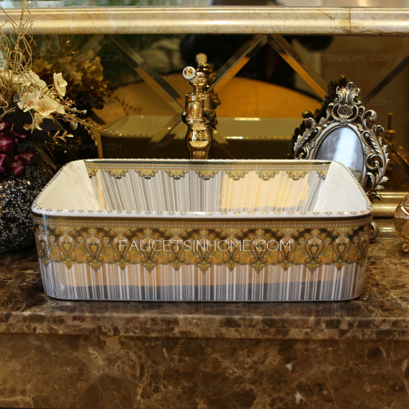 Gold Rectangle Porcelain Bathroom Basins Pattern Single Bowl