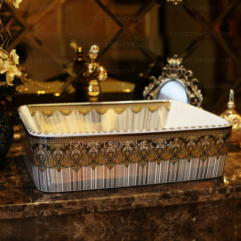 Gold Rectangle Porcelain Bathroom Basins Pattern Single Bowl